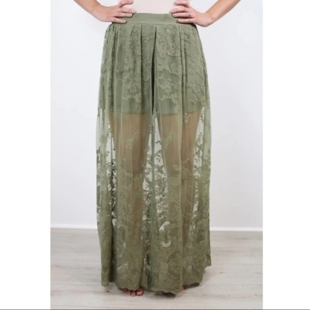 Mesh Embroidered Maxi Skort - Olive